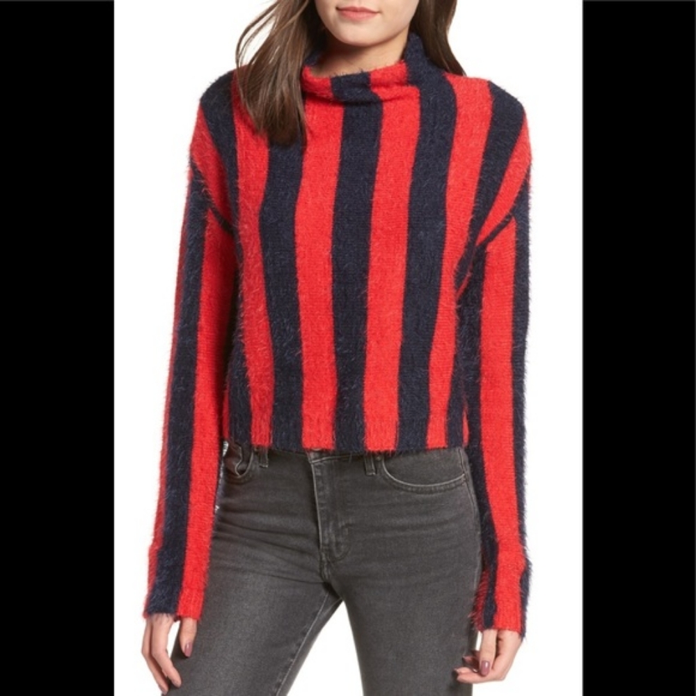 BlankNYC Striped Eyelash Sweater Navy Blue Red